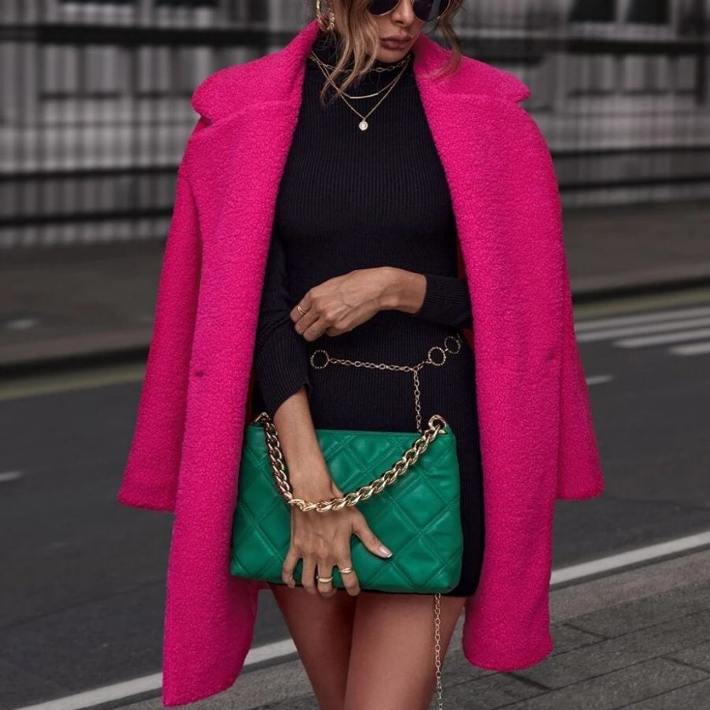 Pocketed  Lapel Neckline faux fur Teddy Coat jacket Hot Pink - Picture 4 of 6